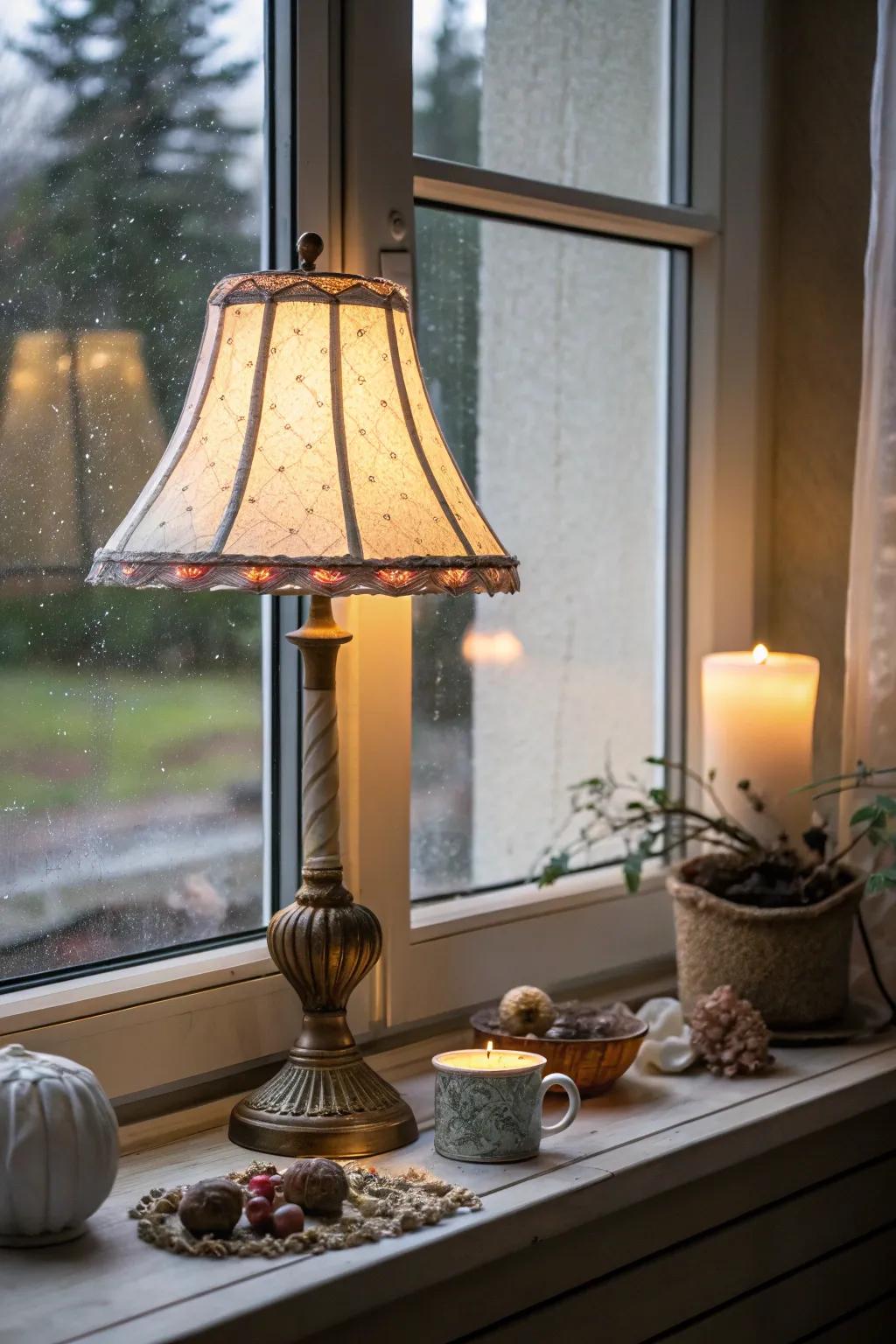 A table lamp on a windowsill creates a warm, inviting glow.