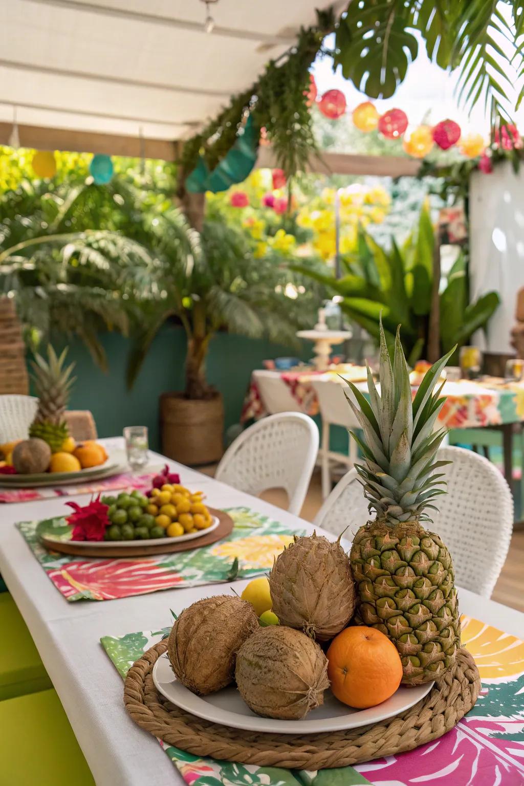 An exotic table arrangement featuring vibrant hues and tropical fruits.