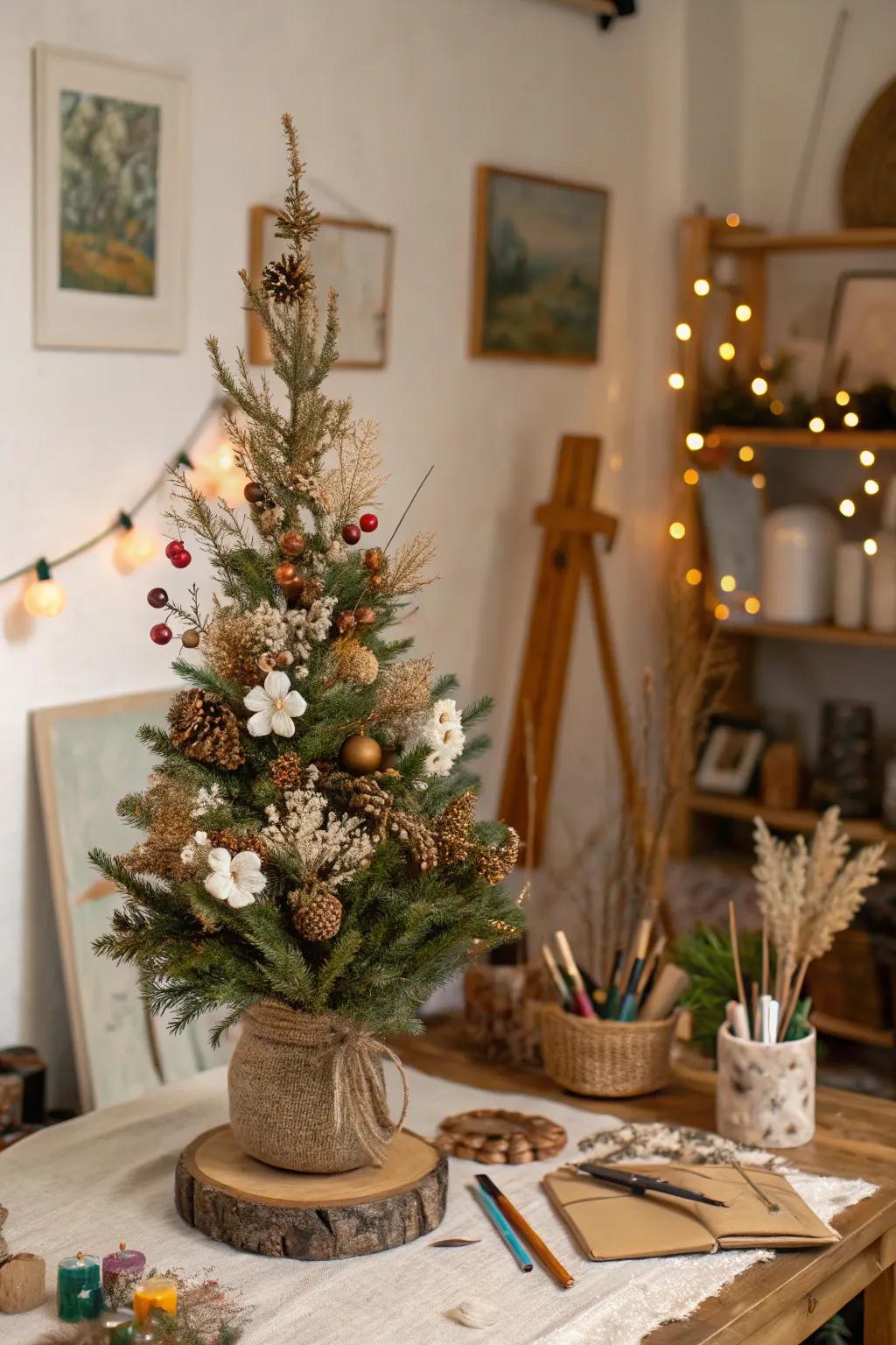This nature-inspired artistic tabletop Christmas tree is a stunning display.