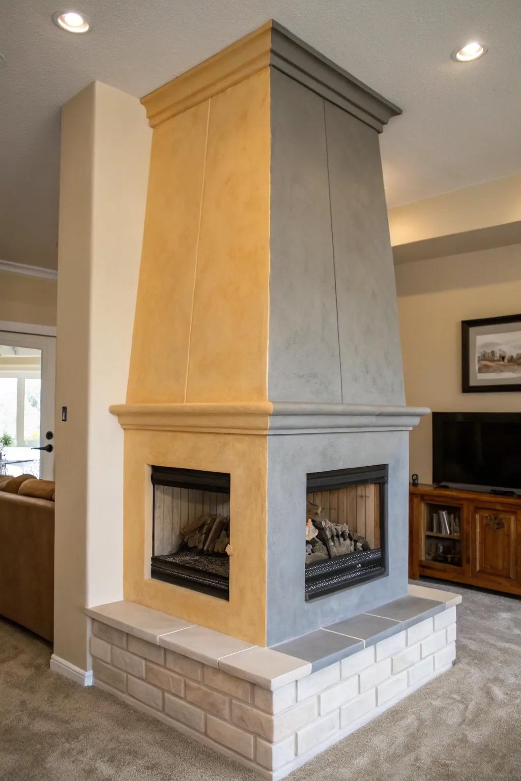 Two-tone designs introduce depth and visual interest to a fireplace wall.