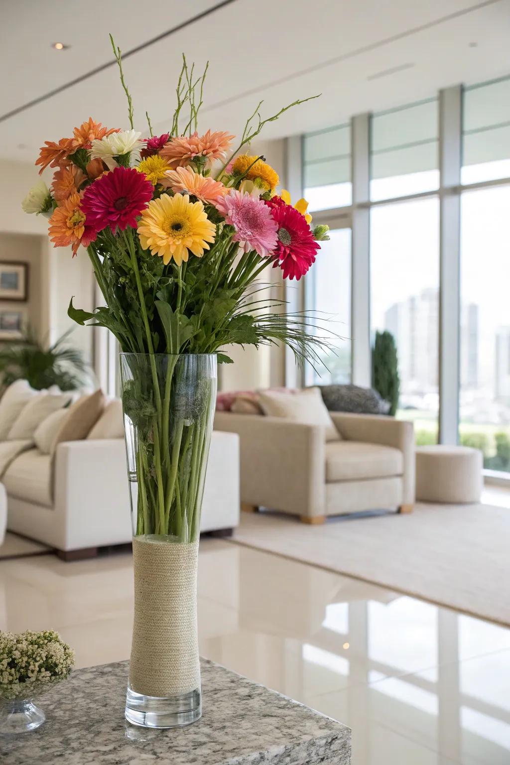 A tall glass vase showcasing balanced hues and vibrant blooms, harmonizing tranquility and vitality inside a contemporary space.