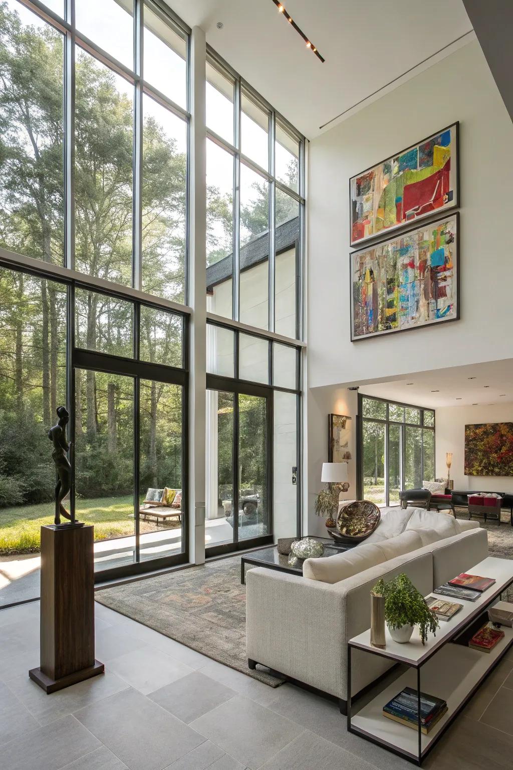 Art beautifully frames tall windows.