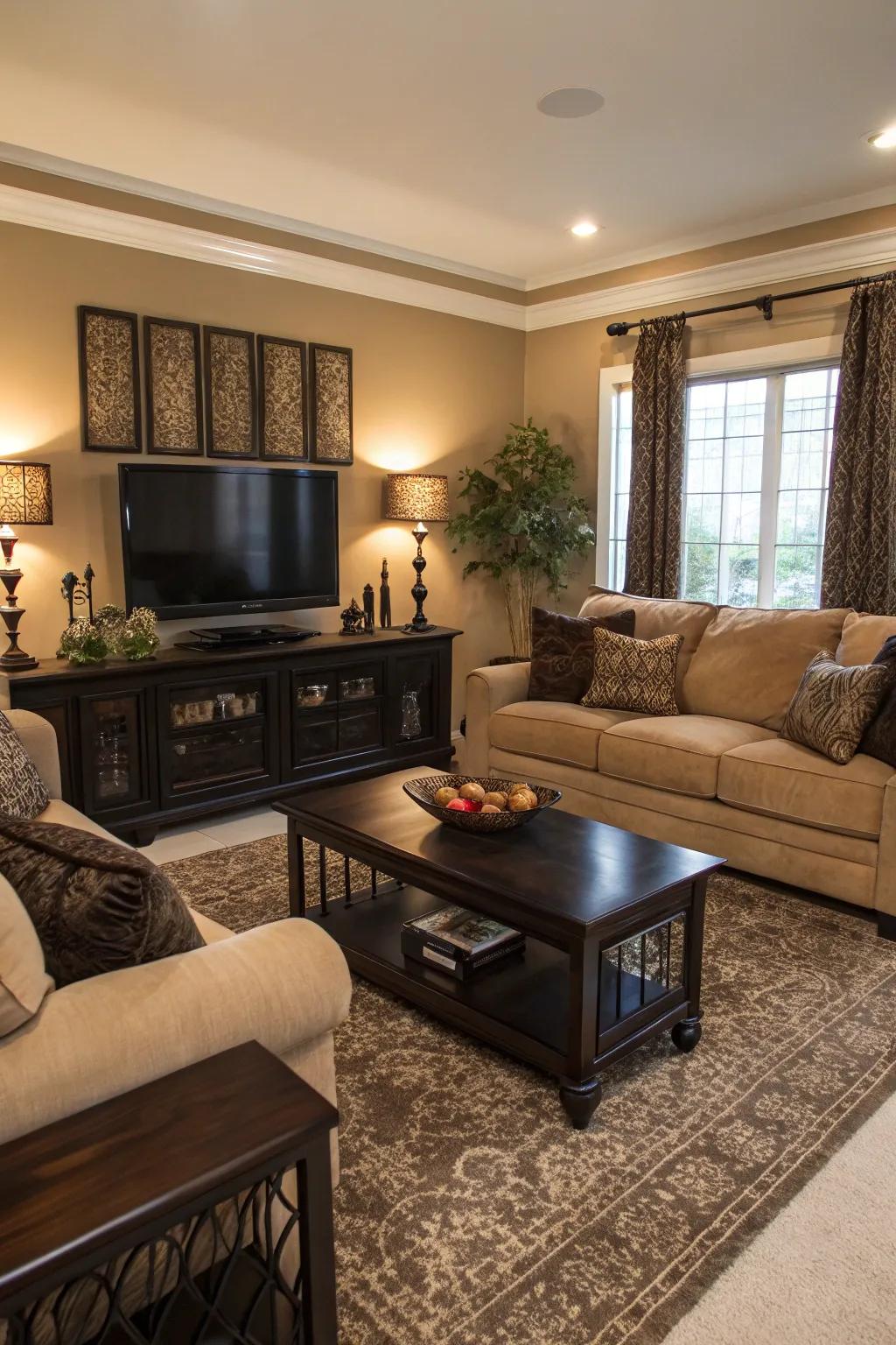 Shadowy details provide a sophisticated contrast against a beige sofa.