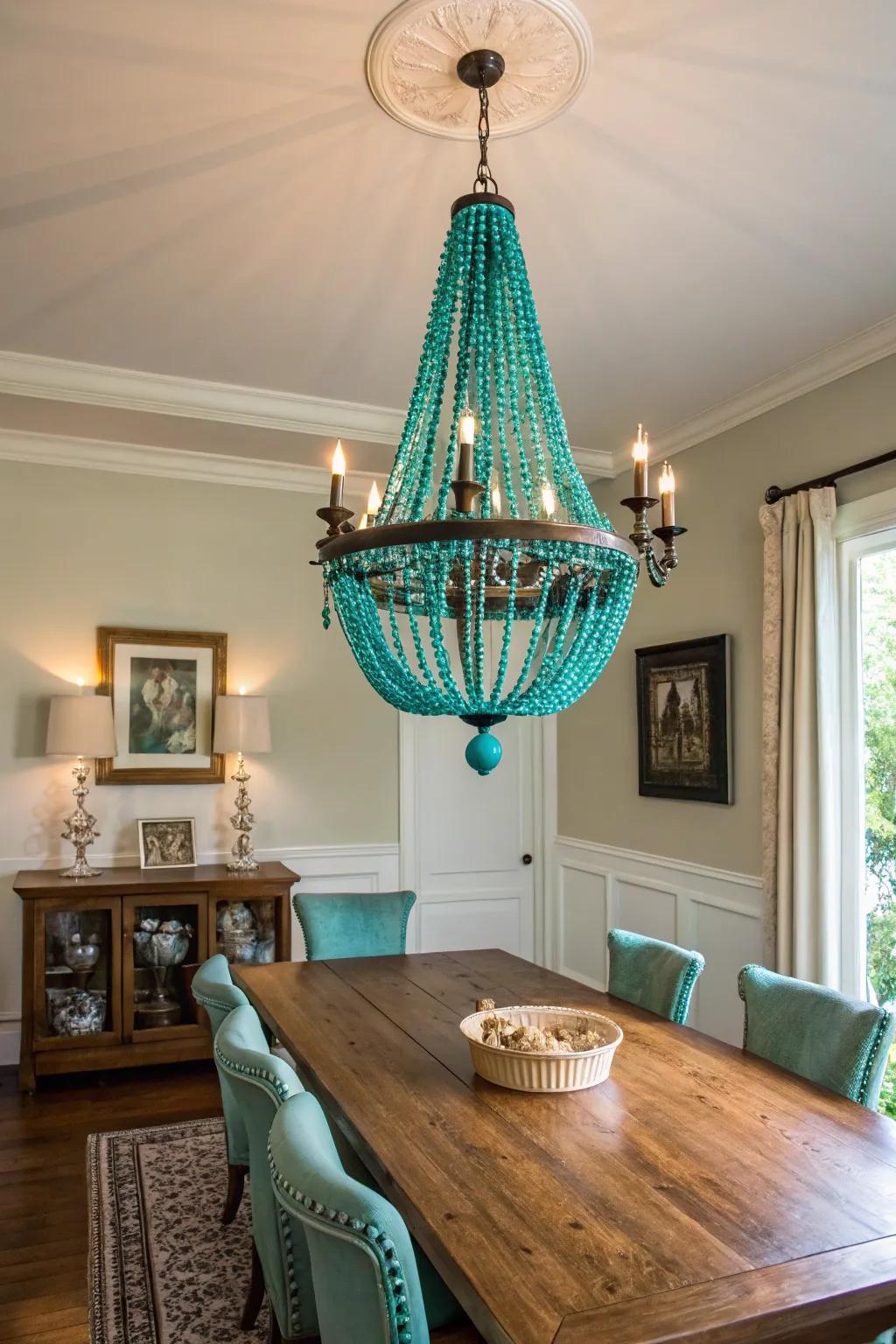 Teal lighting becomes a focal point in the room