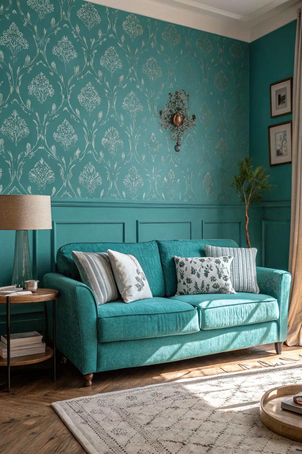Cerulean wall covering can introduce dimension and sophistication to your family room.