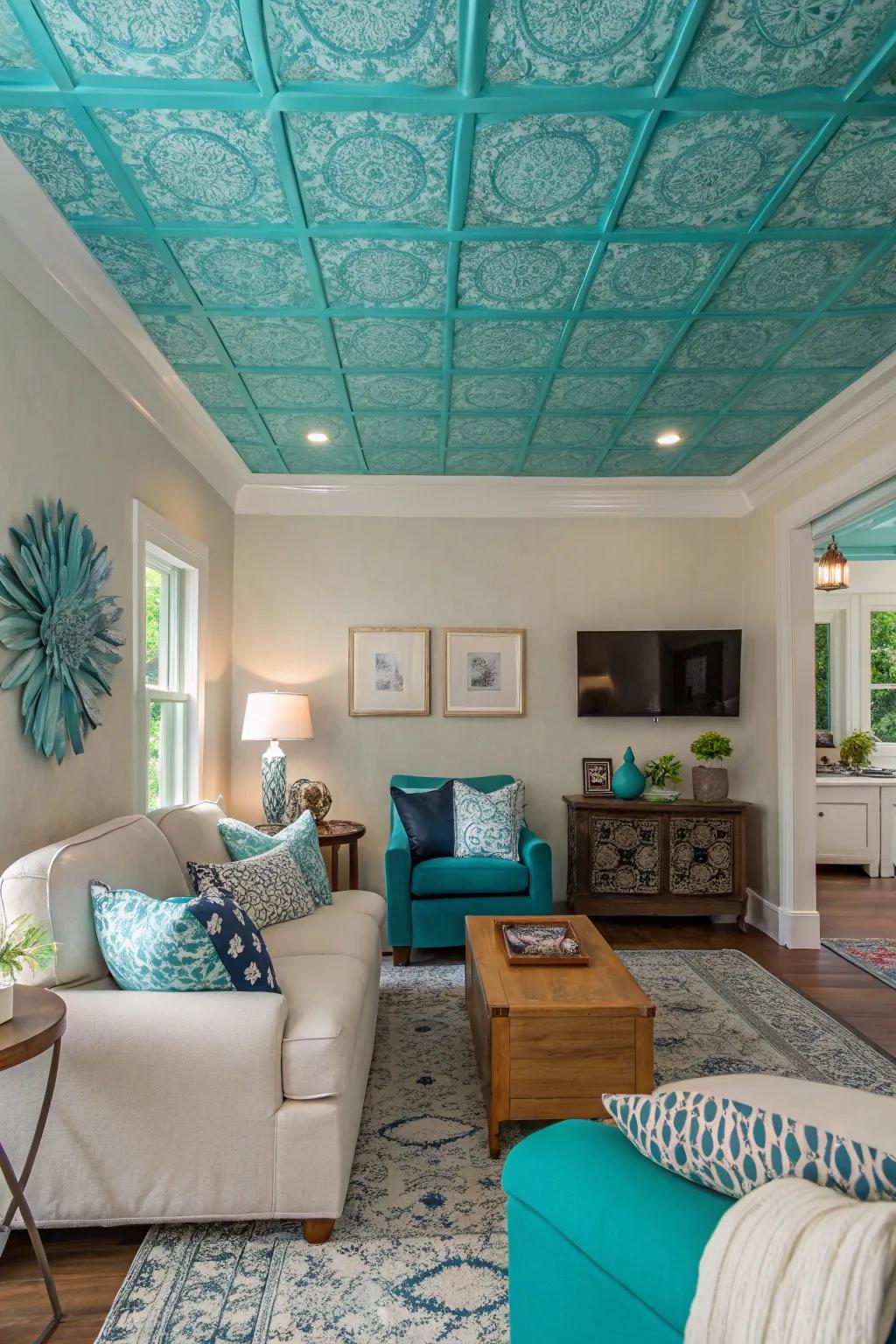 An turquoise overhead introduces an unexpected twist to this fashionable room.