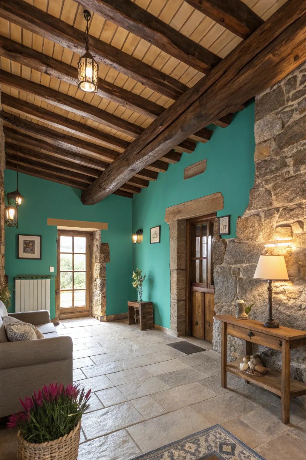 Warm and inviting rustic design with aqua walls.
