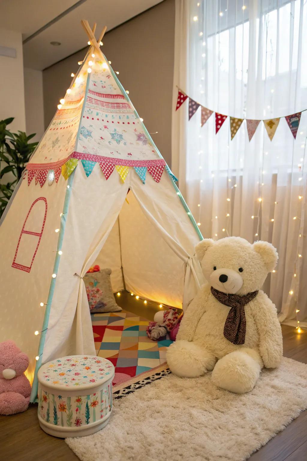 A play tent with a teddy bear creates an inviting gift area.