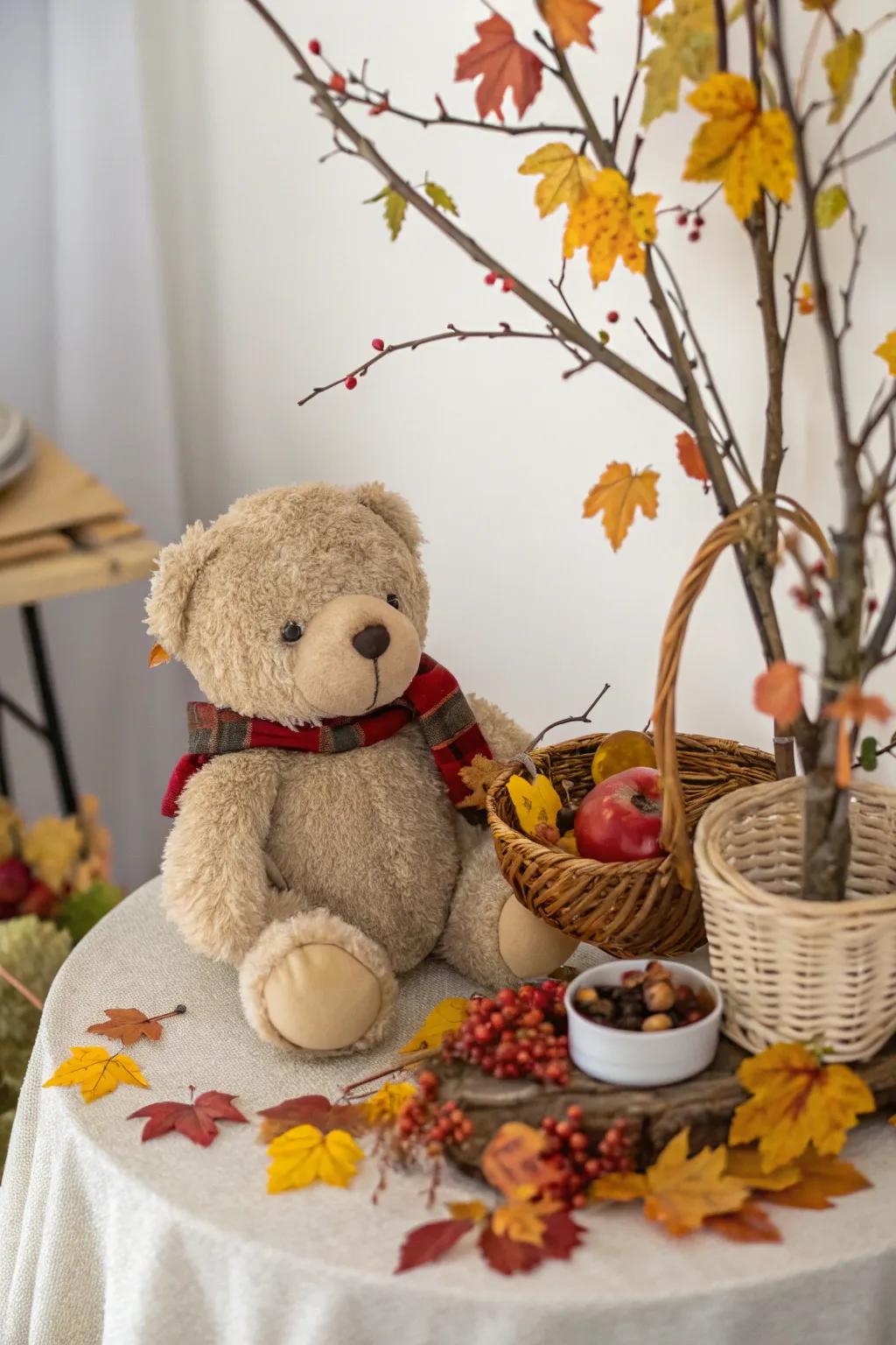 Seasonal themes enhance a plush companion centerpiece.