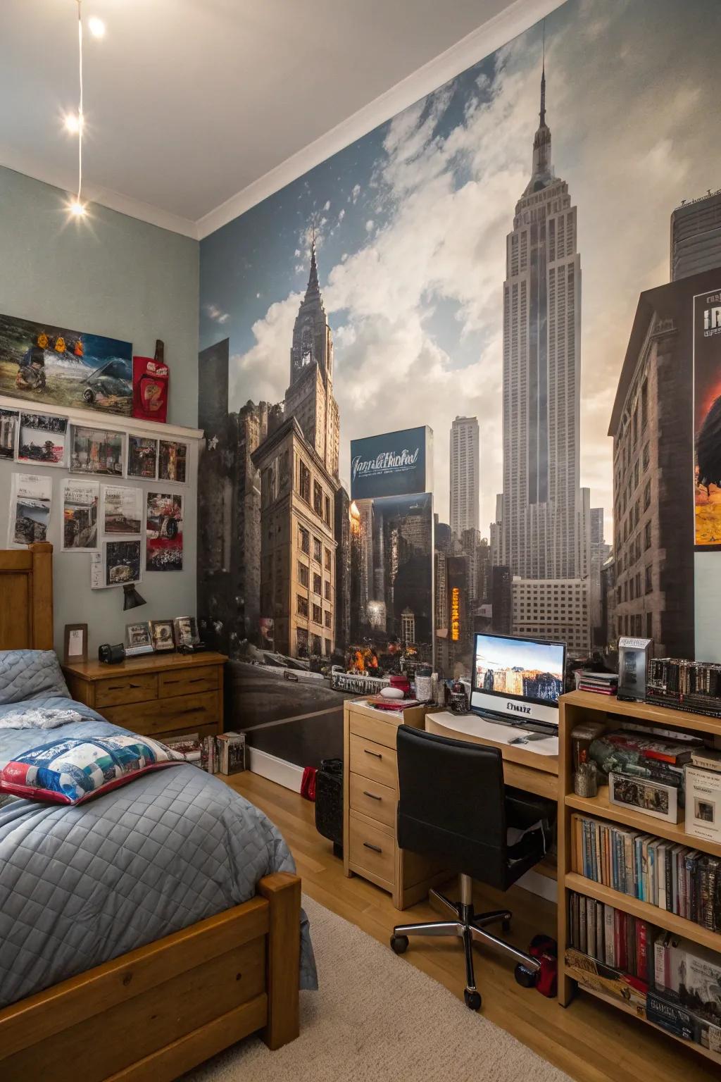 A dramatic wall mural featuring a city skyline adds impact to this teen boy's room.