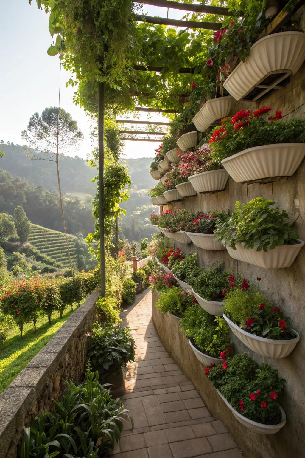 Vertical gardens in a terraced setting, optimizing space and adding layers of greenery.