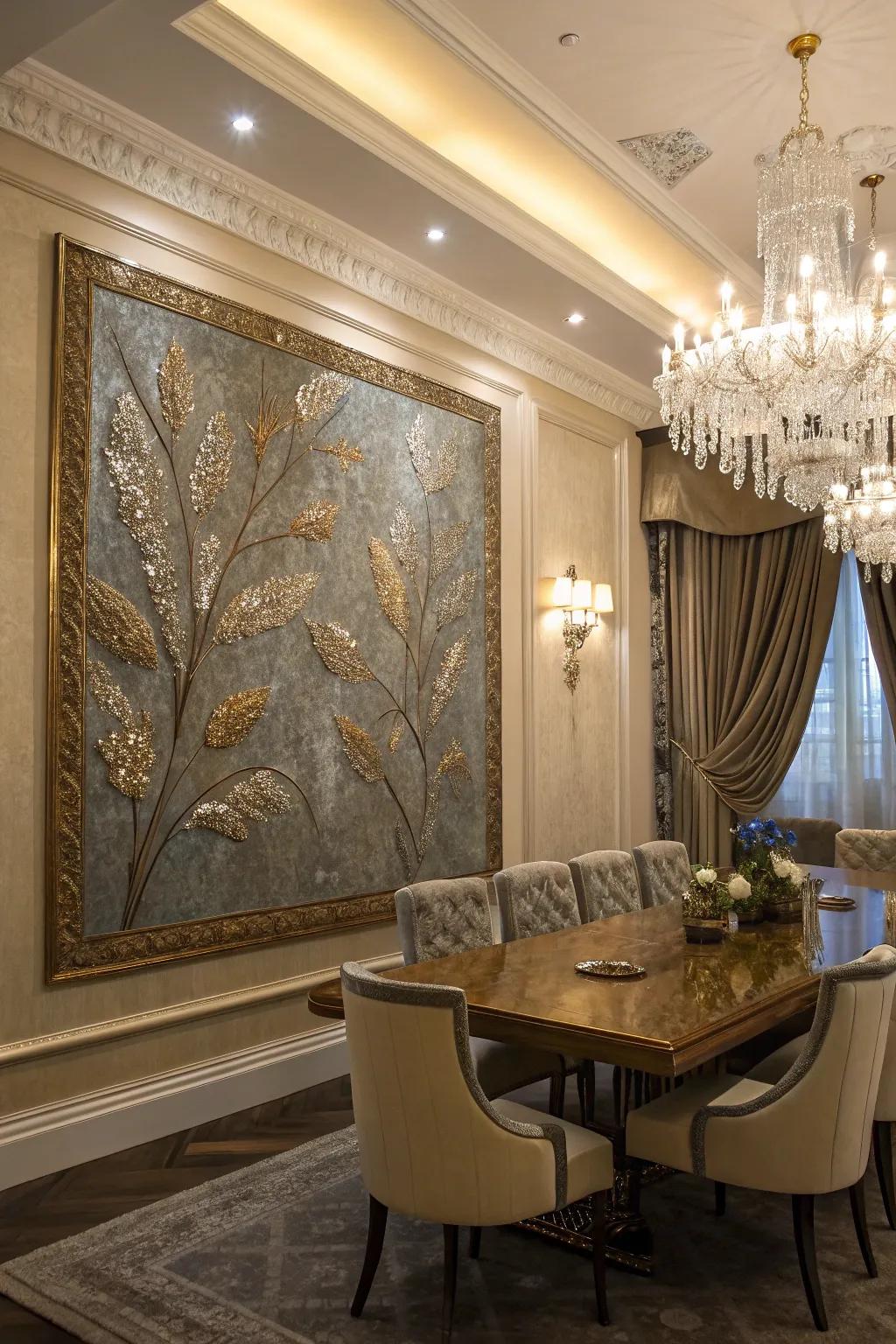Metallic accents in this textured painting bring a hint of luxury to the dining room.