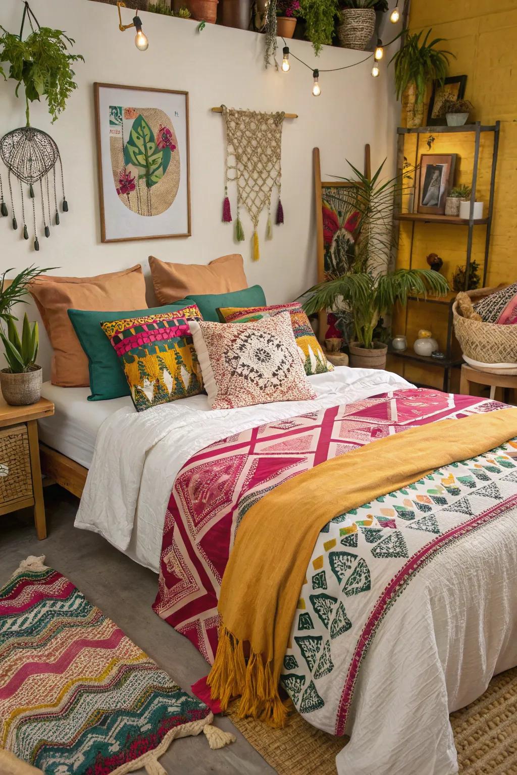 An eclectic mix of throws brings creativity and personality to the bedroom.