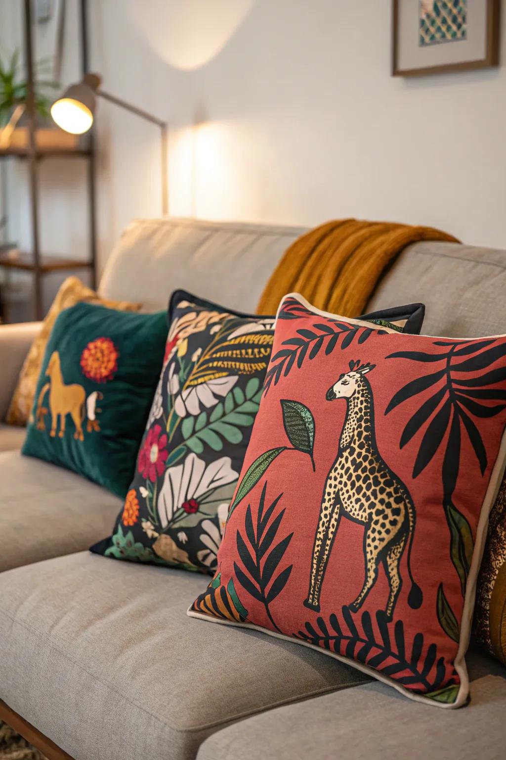 A striking and bold appeal featuring animal and abstract pattern pillows.