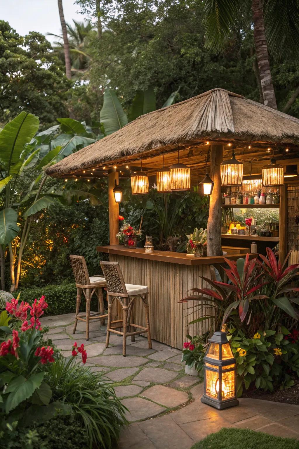 Braided wicker roofs append a chic, textured allure.