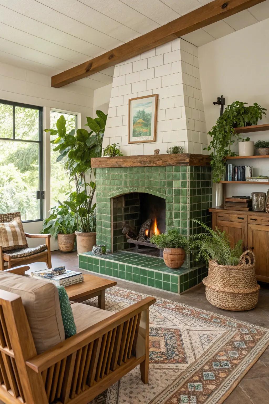 Eco-friendly tiles provide a chic and lasting fireplace design.
