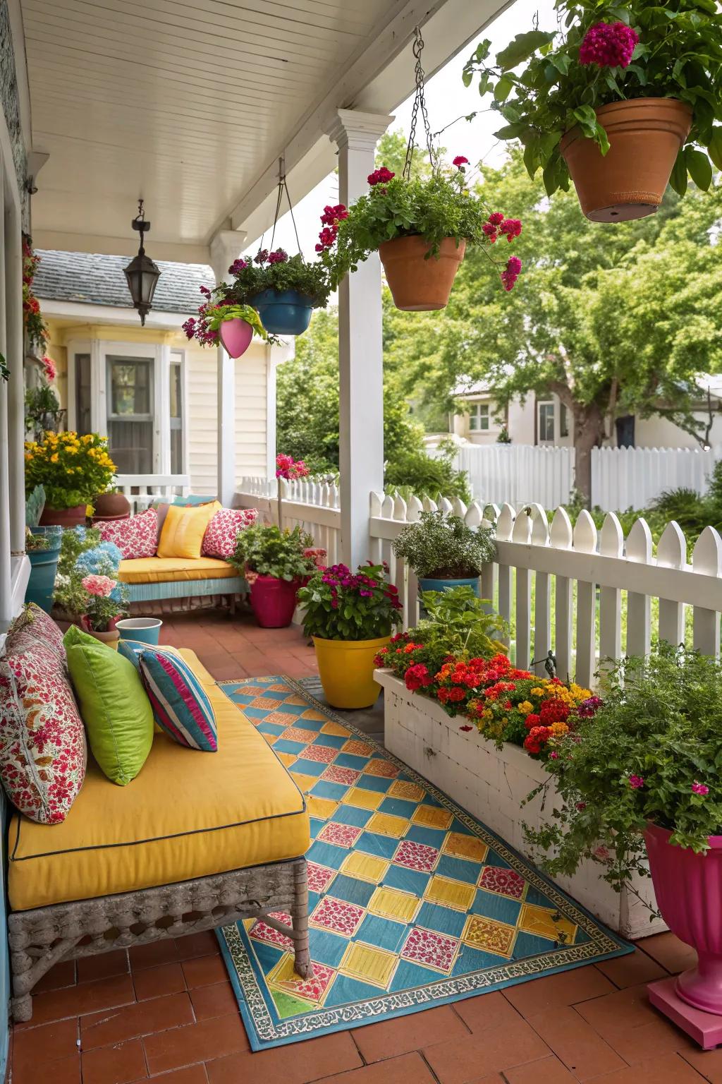 Brightly colored tiles bring a playful and cheerful atmosphere to this porch.