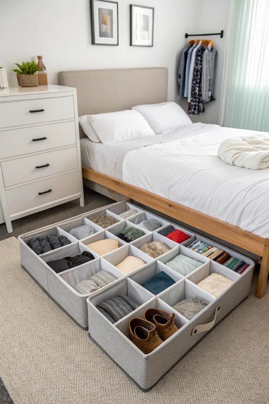Under-bed storage is great for keeping clutter out of sight.