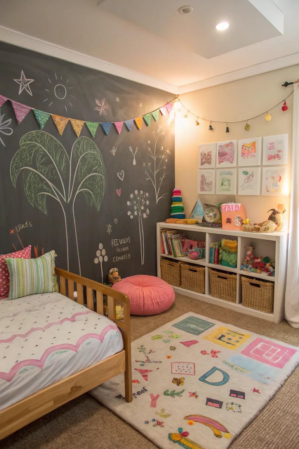 A chalkboard wall offers endless opportunities for creativity and fun.