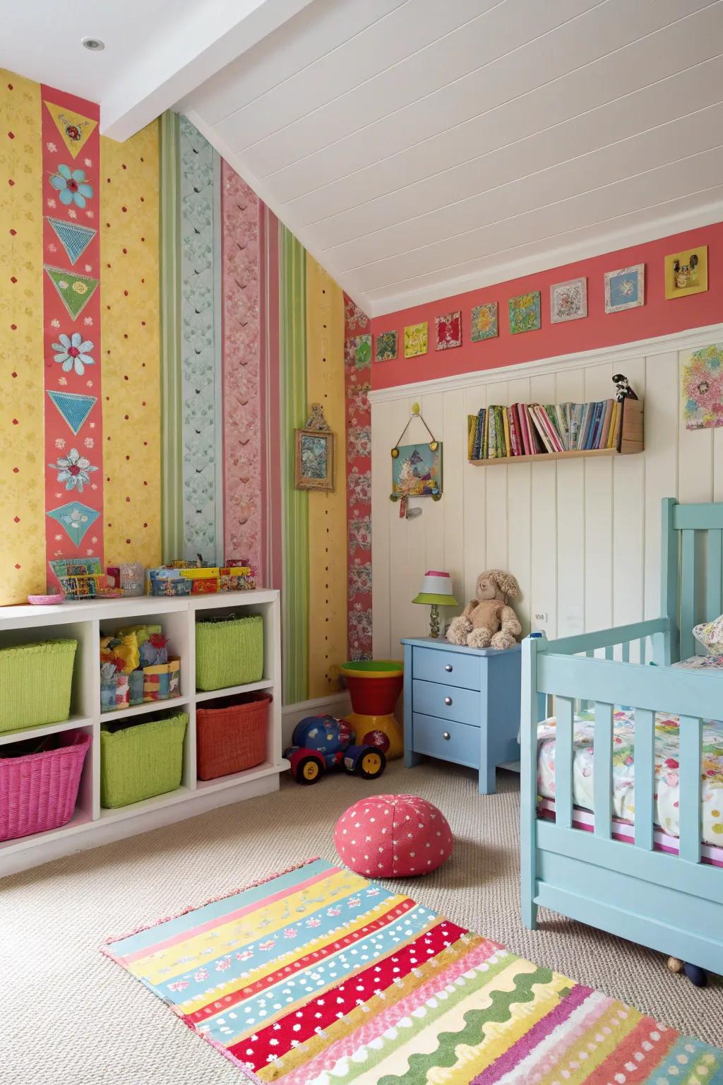 Painted tongue and groove walls create a playful kids' room.