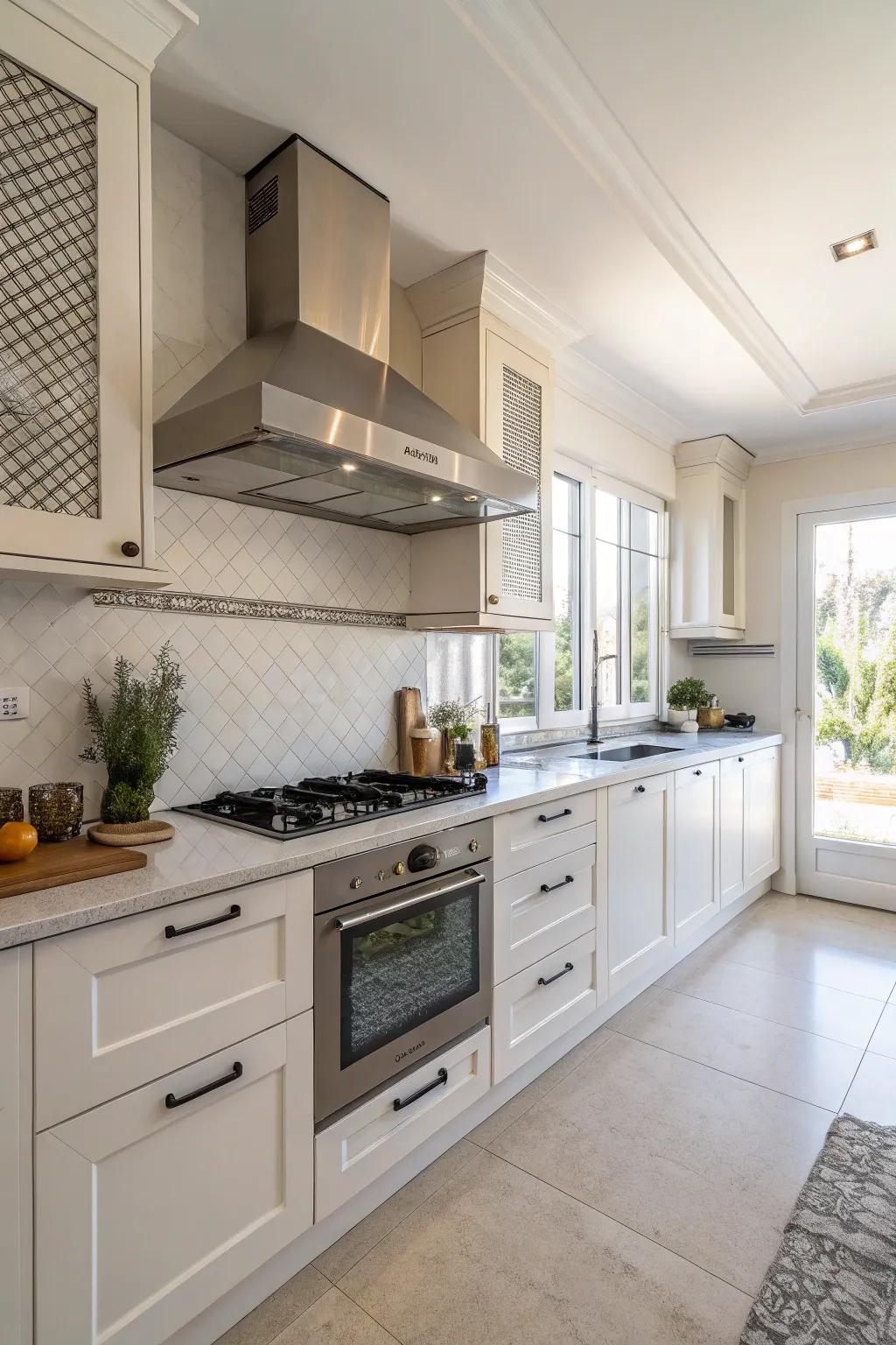 Vented cupboards deliver practicality while sustaining an elegant kitchen design.