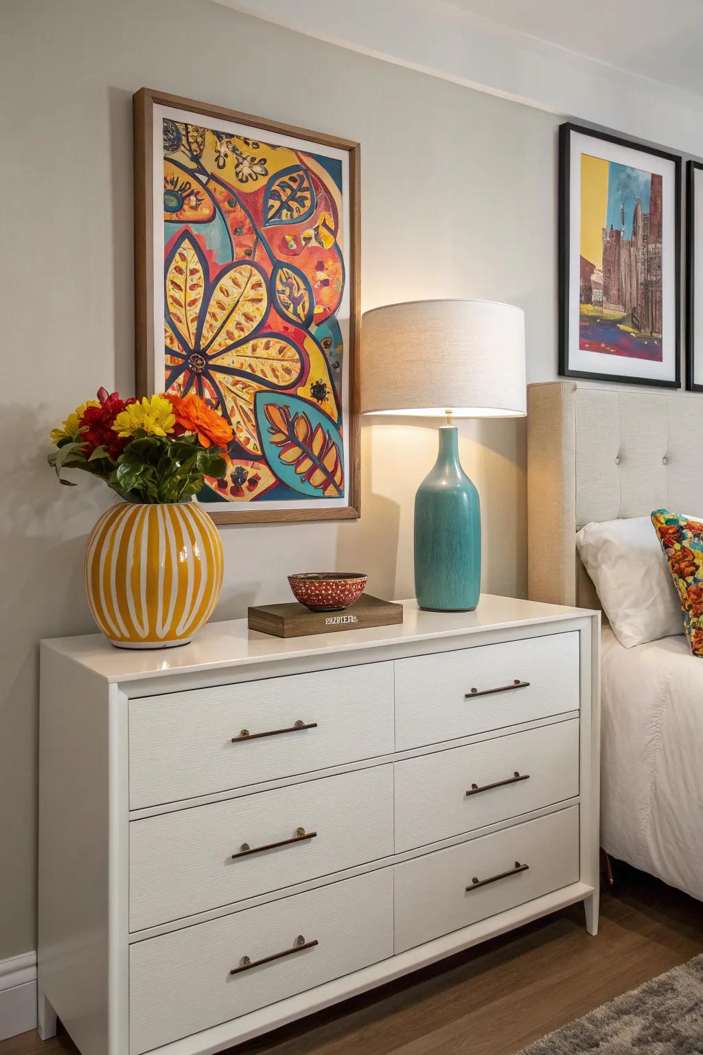 A vibrant splash of color provides energy and contrast to a dresser.