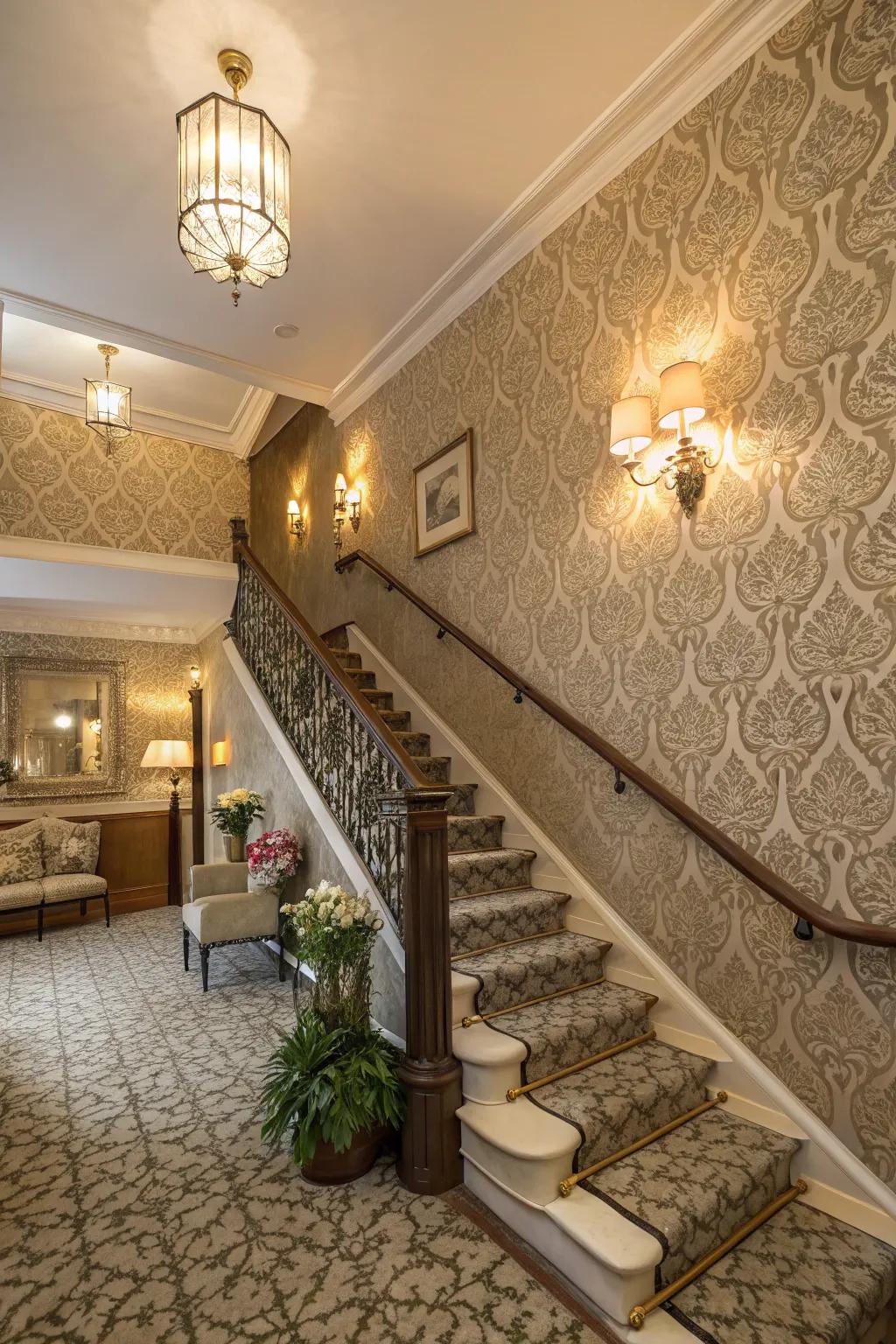 Textured wallpaper adds depth and style.