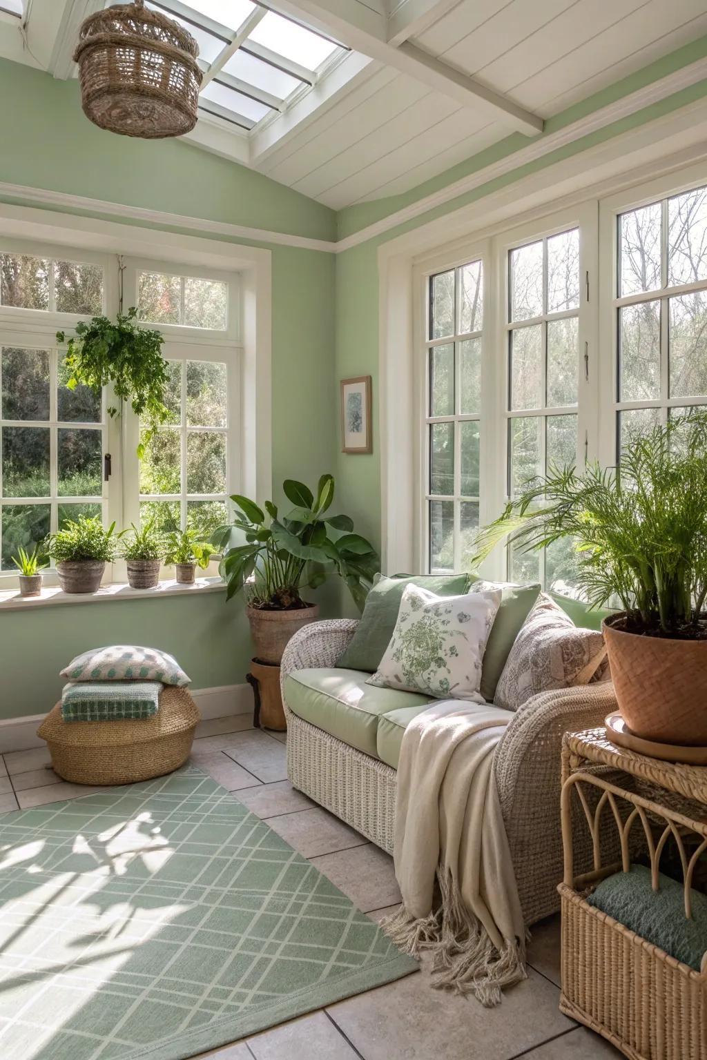 Sage green walls contributing a subtle and calming aura to the sunroom.
