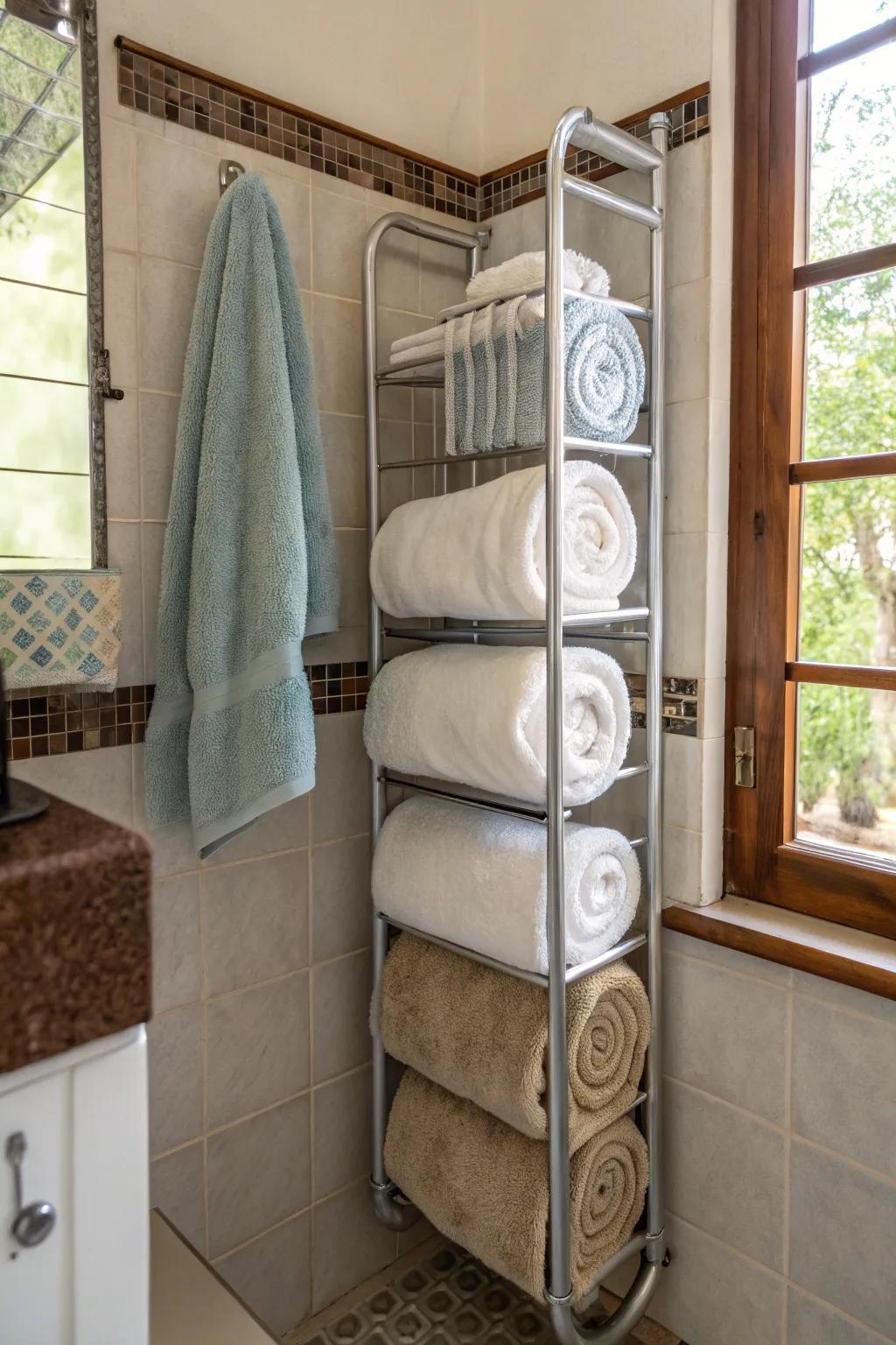 Magnify confined dimensions, acquiring a corner towel hanger perfectly positioned for smaller bathrooms.