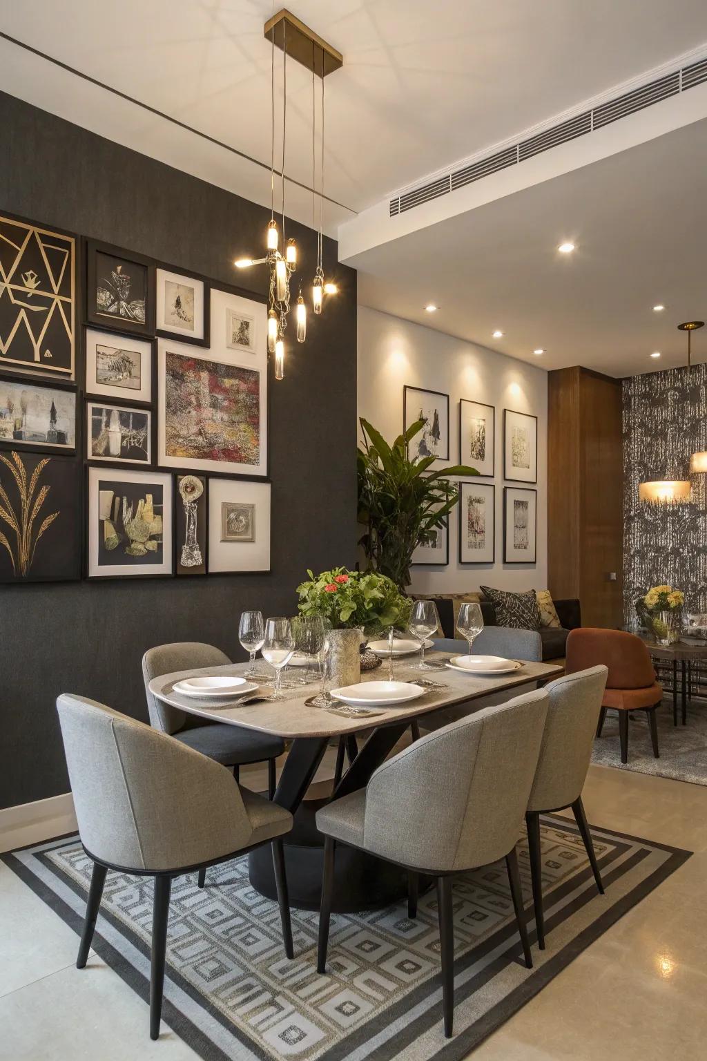Dining area enhanced with a bold feature wall