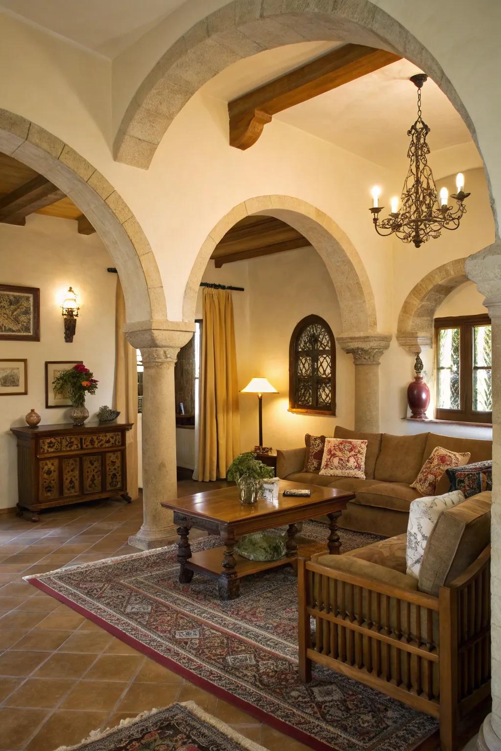Structural elements add grandeur to this classic living room.