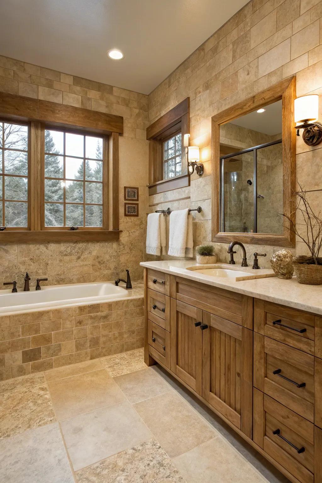 A travertine bathroom that beautifully merges rustic charm with sleek design.