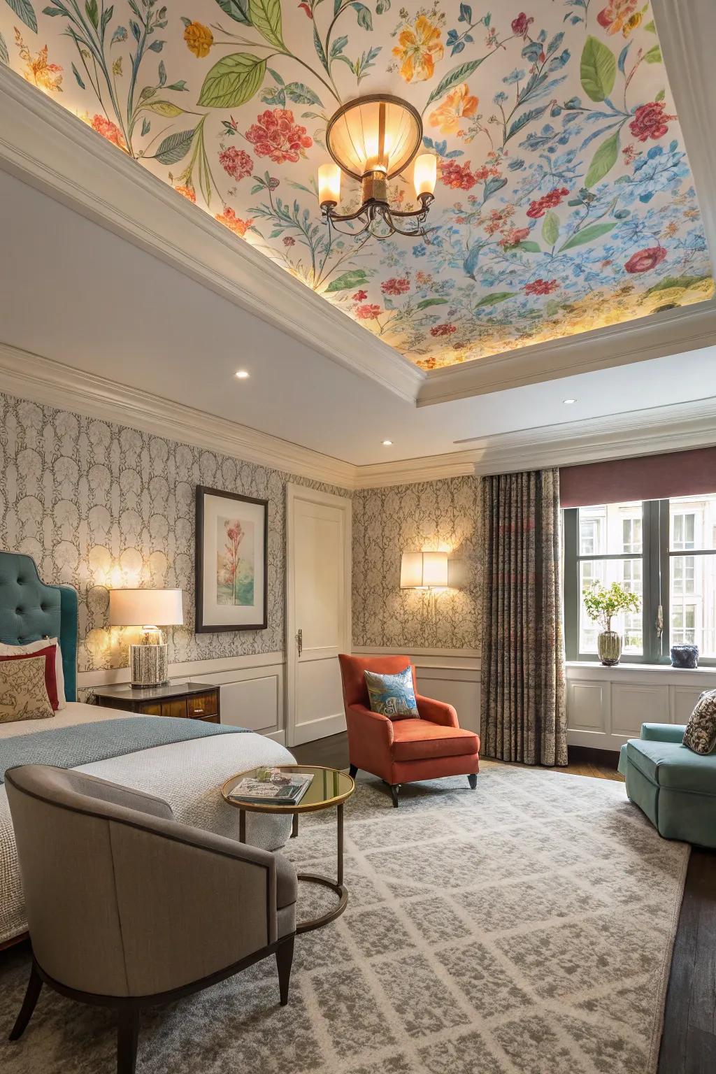 A stylish room with a tray ceiling featuring colorful wallpaper.