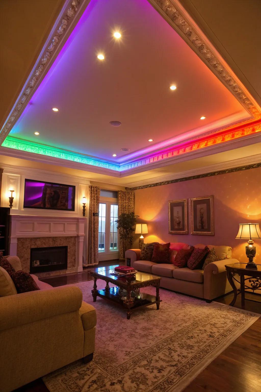 A vibrant living room featuring dynamic color-changing lights in the tray ceiling.