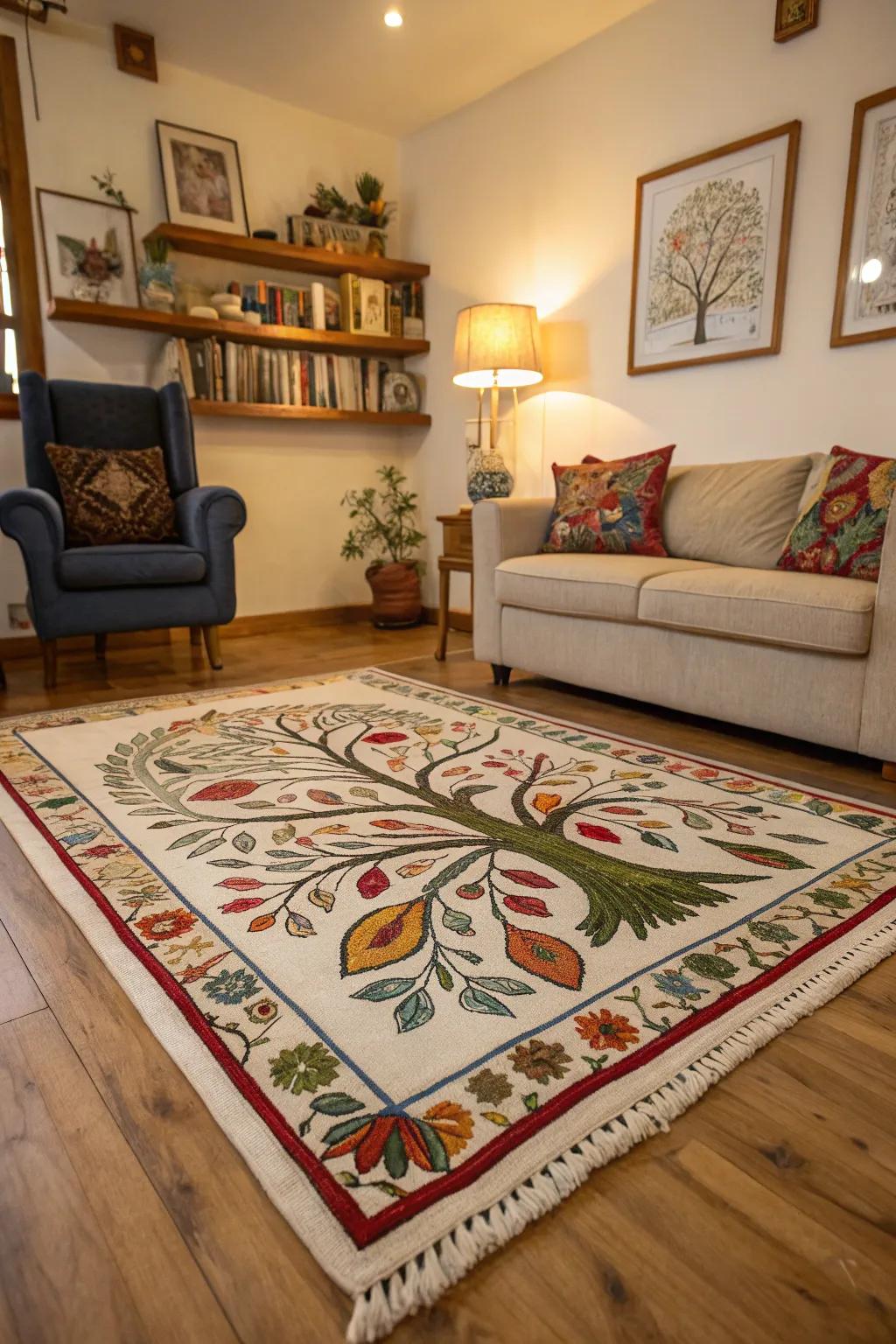 Arbor Vitae rug introduces warmth and design to a cozy living room.