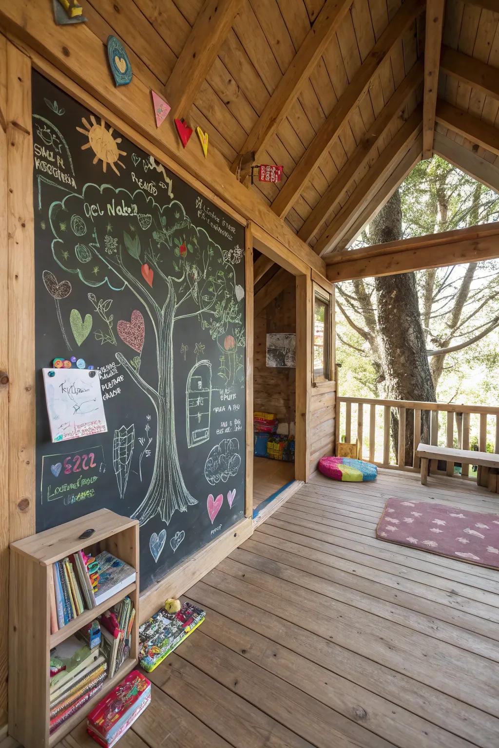 A creative blackboard surface in a treehouse, presenting colorful sketches and notes.
