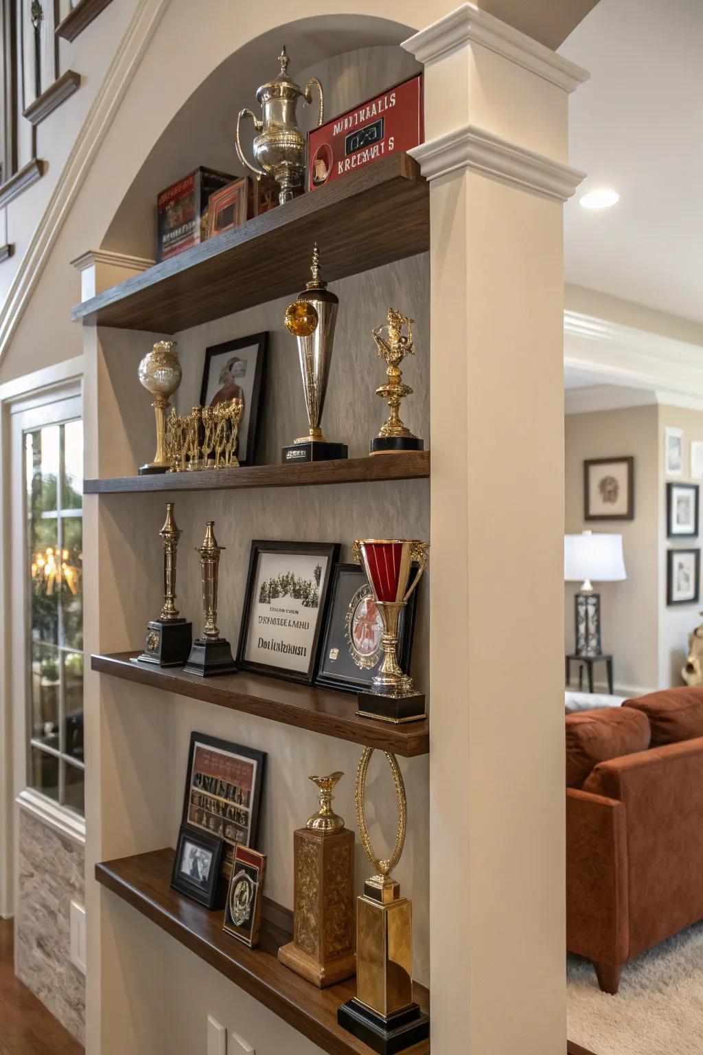 Decorative elements on trophy shelves