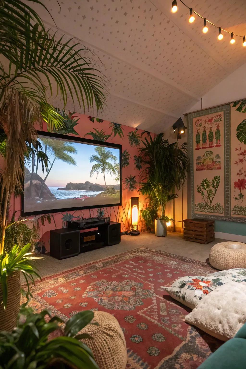 A tropical movie night setup for ultimate relaxation.