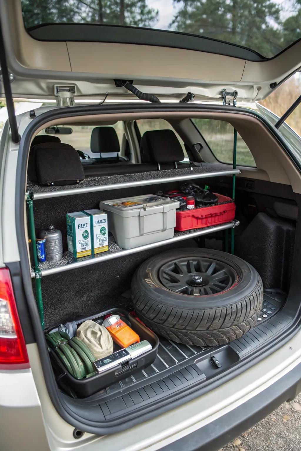 Two-tier trunk shelf maximizing storage with layered organization.