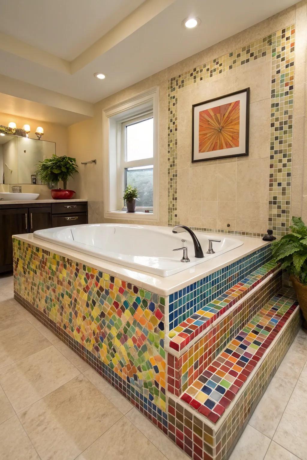 A tub deck transformed into an artistic showpiece through mosaic tiles.
