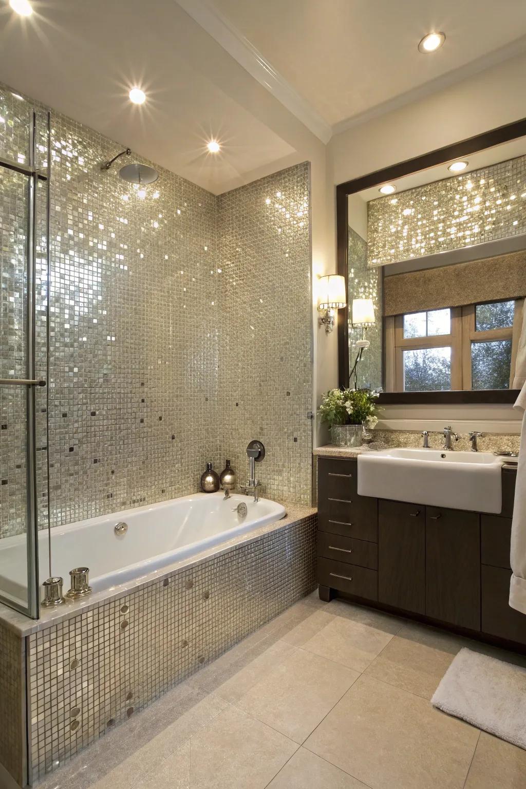 Glass tile accents add glamour and sparkle to this bathroom design.