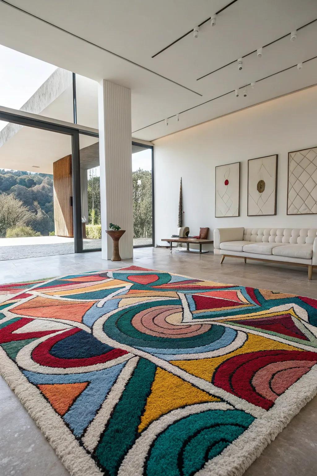 Conceptual art floor coverings transform floors into vibrant art spaces.