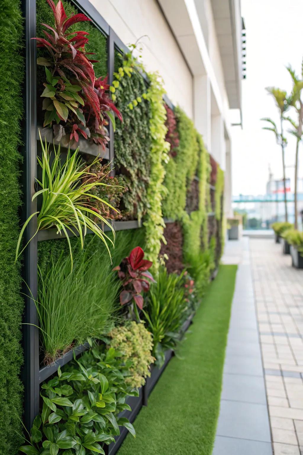 A stunning vertical <strong>faux grass</strong> garden on the patio.” loading=”lazy” class=”pimg”>
	</picture><figcaption>A stunning vertical <strong>faux grass</strong> garden on the patio.</figcaption></figure>
<p>A vertical <strong>faux grass</strong> garden on walls can amplify greenery in compact spaces. It’s a captivating feature that injects a lush feel into any patio.</p>
<h3>Possibly handy products:</h3>
<ul class=