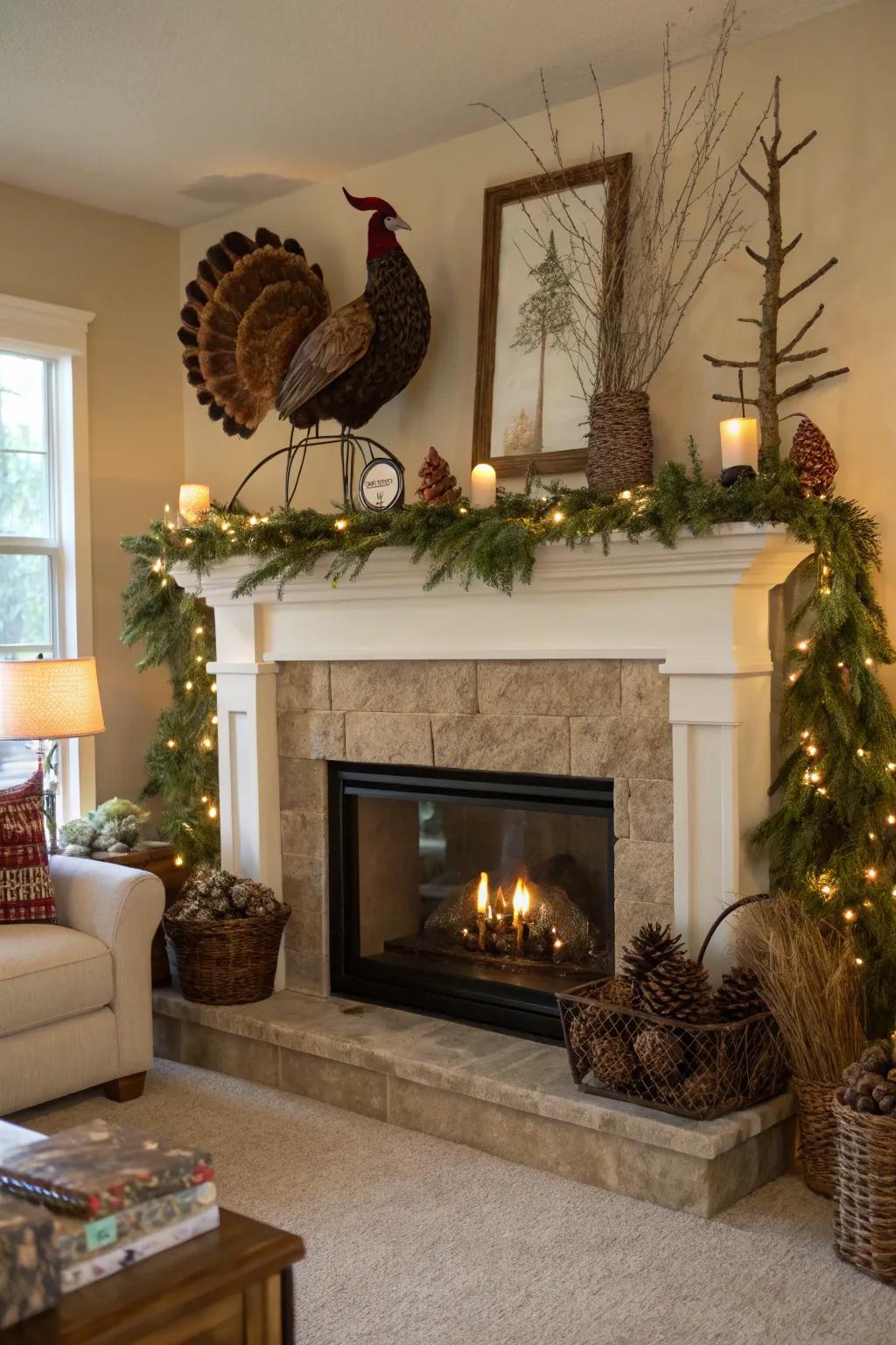 An outdoor-themed mantel display with wildfowl exhibit.