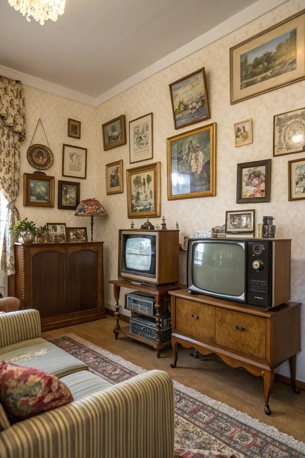 Classic elegance adds charm to this television gallery wall.