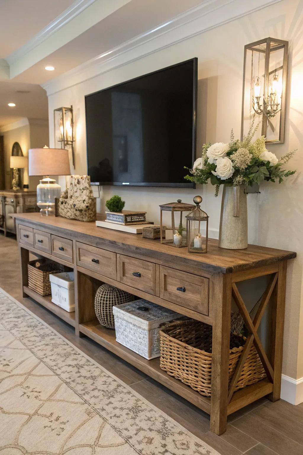 Long console tables offer style and storage.