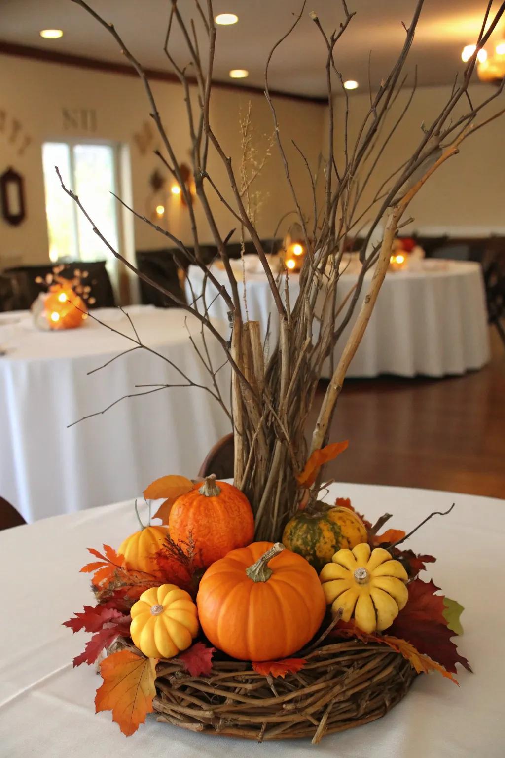 A charming autumnal centerpiece showcasing branches and gourds.