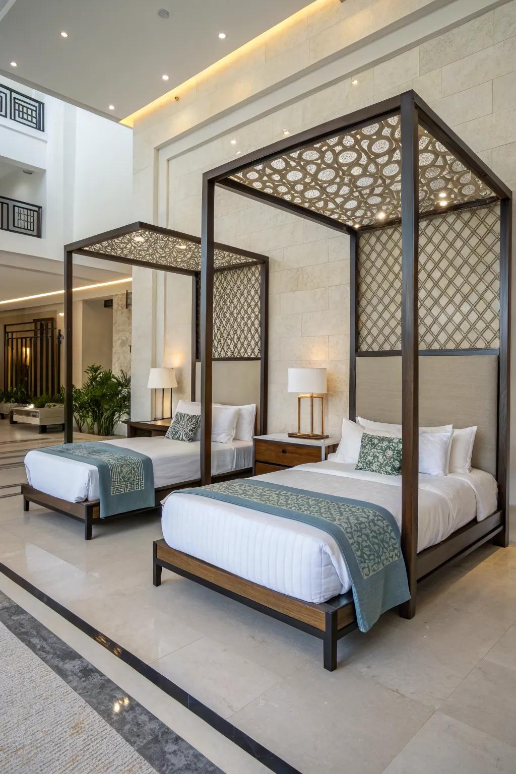 Unique bed frames incorporate an architectural element to bedrooms.