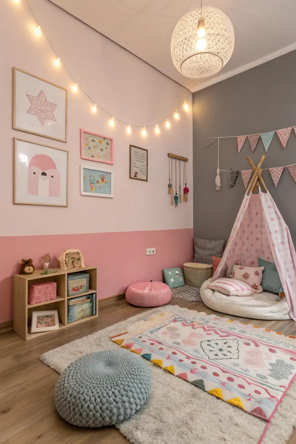 Rose pink and smoke gray introduce a whimsical charm.