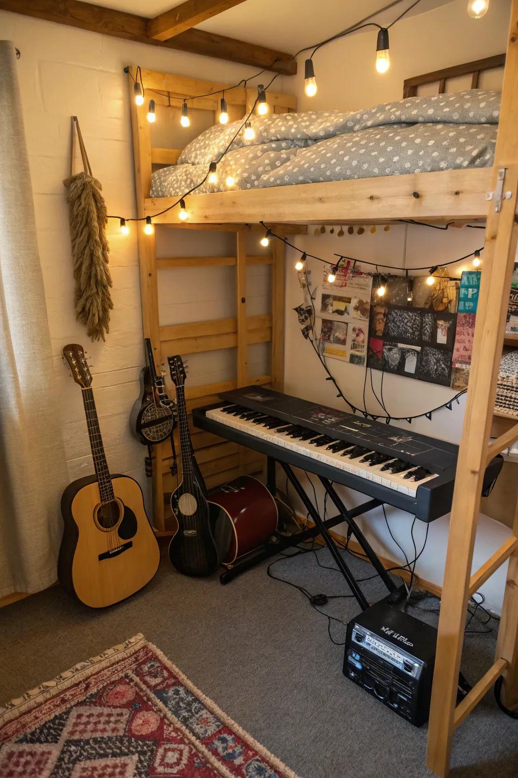 A creative music corner under the bunk bed.